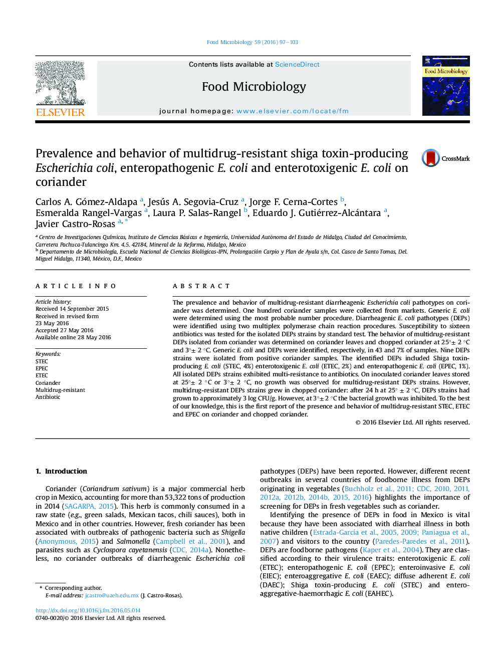 Prevalence and behavior of multidrug-resistant shiga toxin-producing Escherichia coli, enteropathogenic E.Â coli and enterotoxigenic E.Â coli on coriander