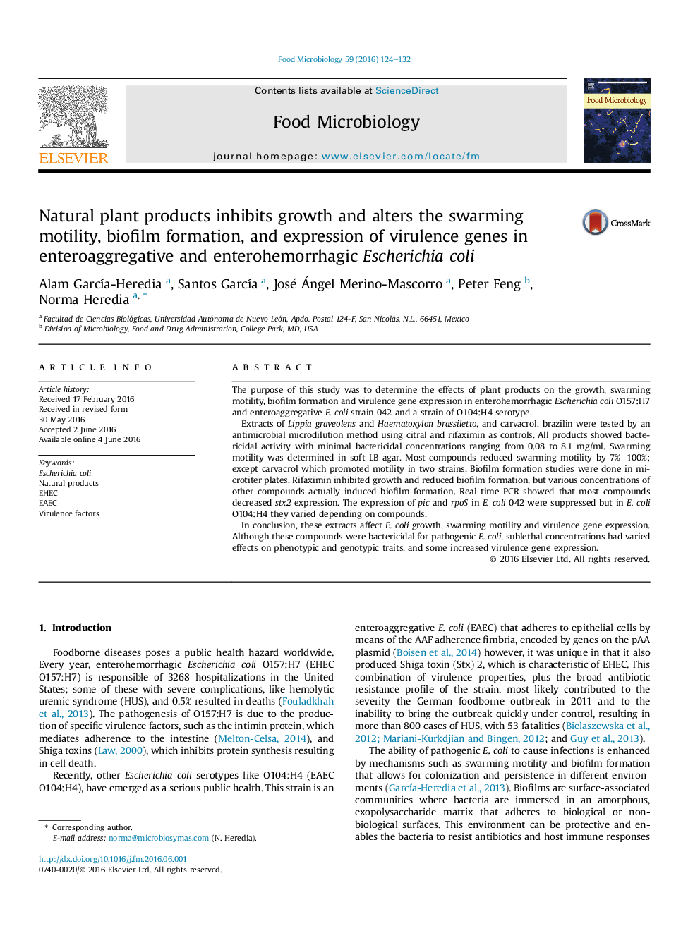 Natural plant products inhibits growth and alters the swarming motility, biofilm formation, and expression of virulence genes in enteroaggregative and enterohemorrhagic Escherichia coli