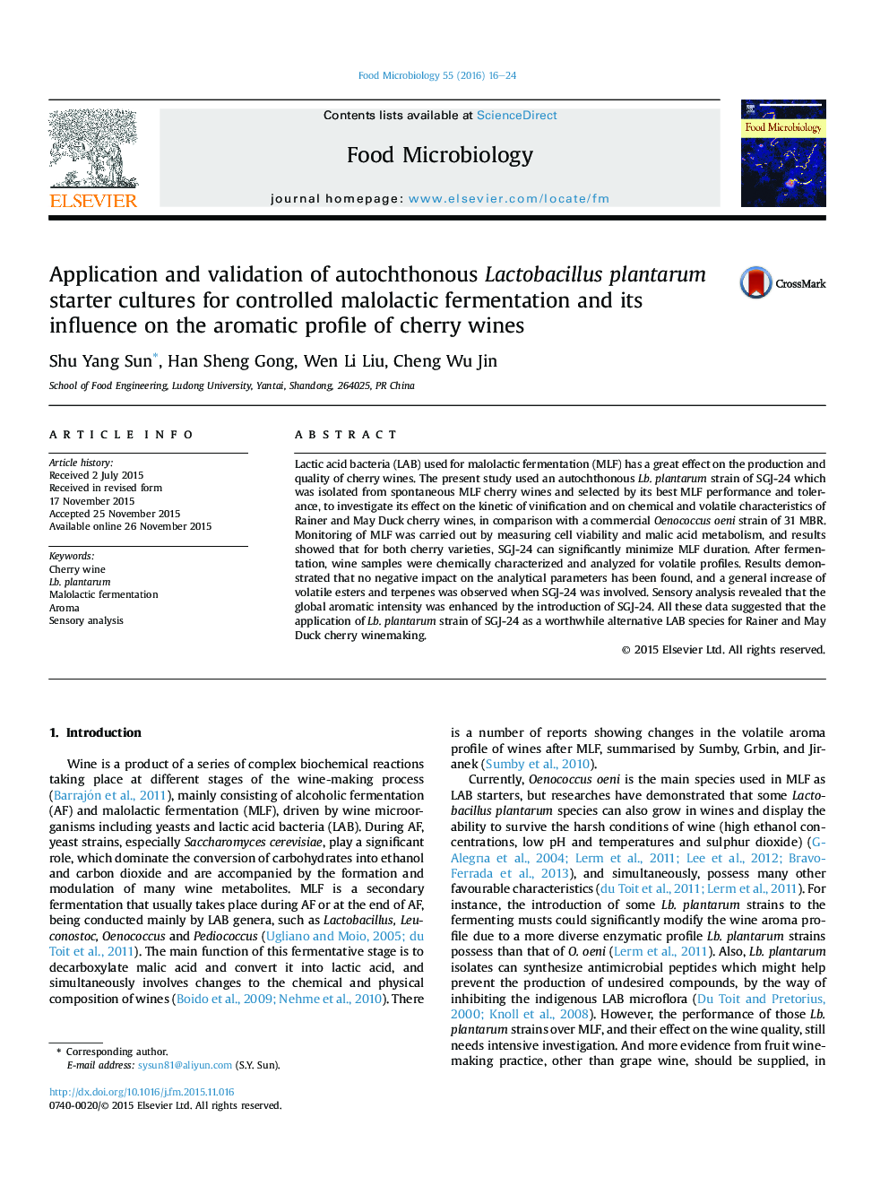 Application and validation of autochthonous Lactobacillus plantarum starter cultures for controlled malolactic fermentation and its influence on the aromatic profile of cherry wines