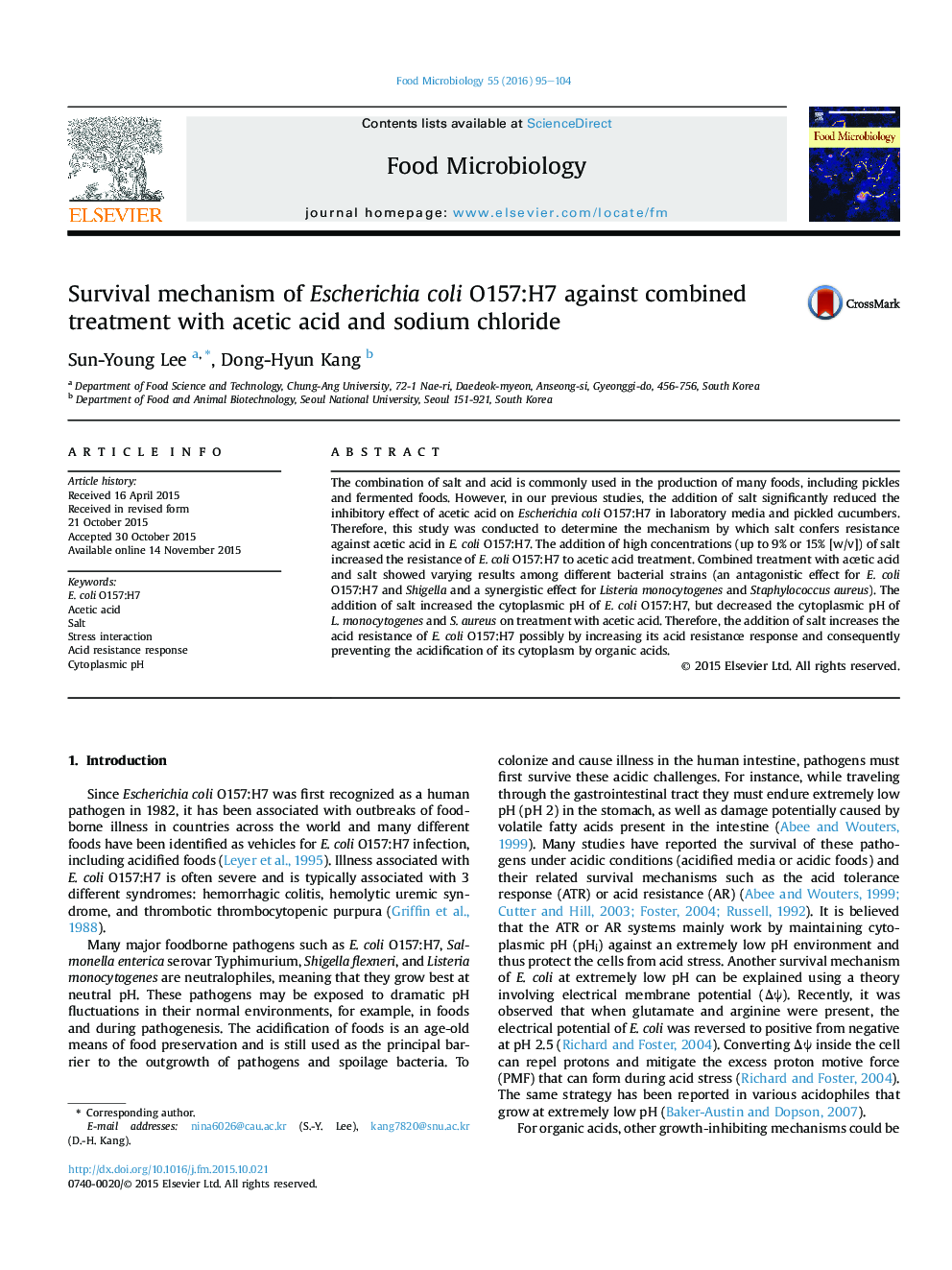 Survival mechanism of Escherichia coli O157:H7 against combined treatment with acetic acid and sodium chloride