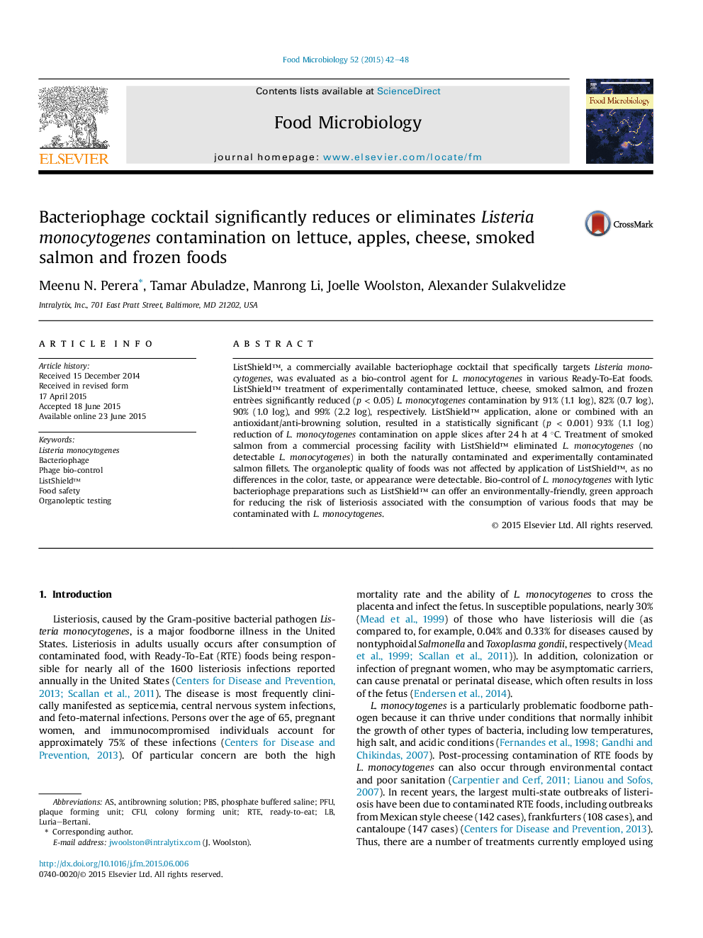 Bacteriophage cocktail significantly reduces or eliminates Listeria monocytogenes contamination on lettuce, apples, cheese, smoked salmon and frozen foods