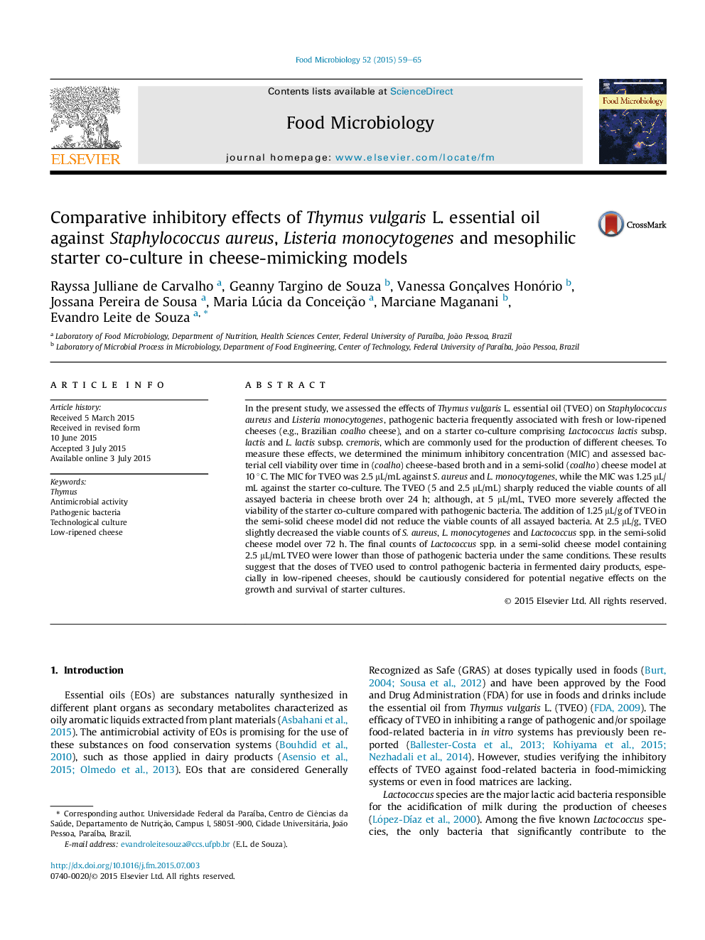 Comparative inhibitory effects of Thymus vulgaris L. essential oil against Staphylococcus aureus, Listeria monocytogenes and mesophilic starter co-culture in cheese-mimicking models