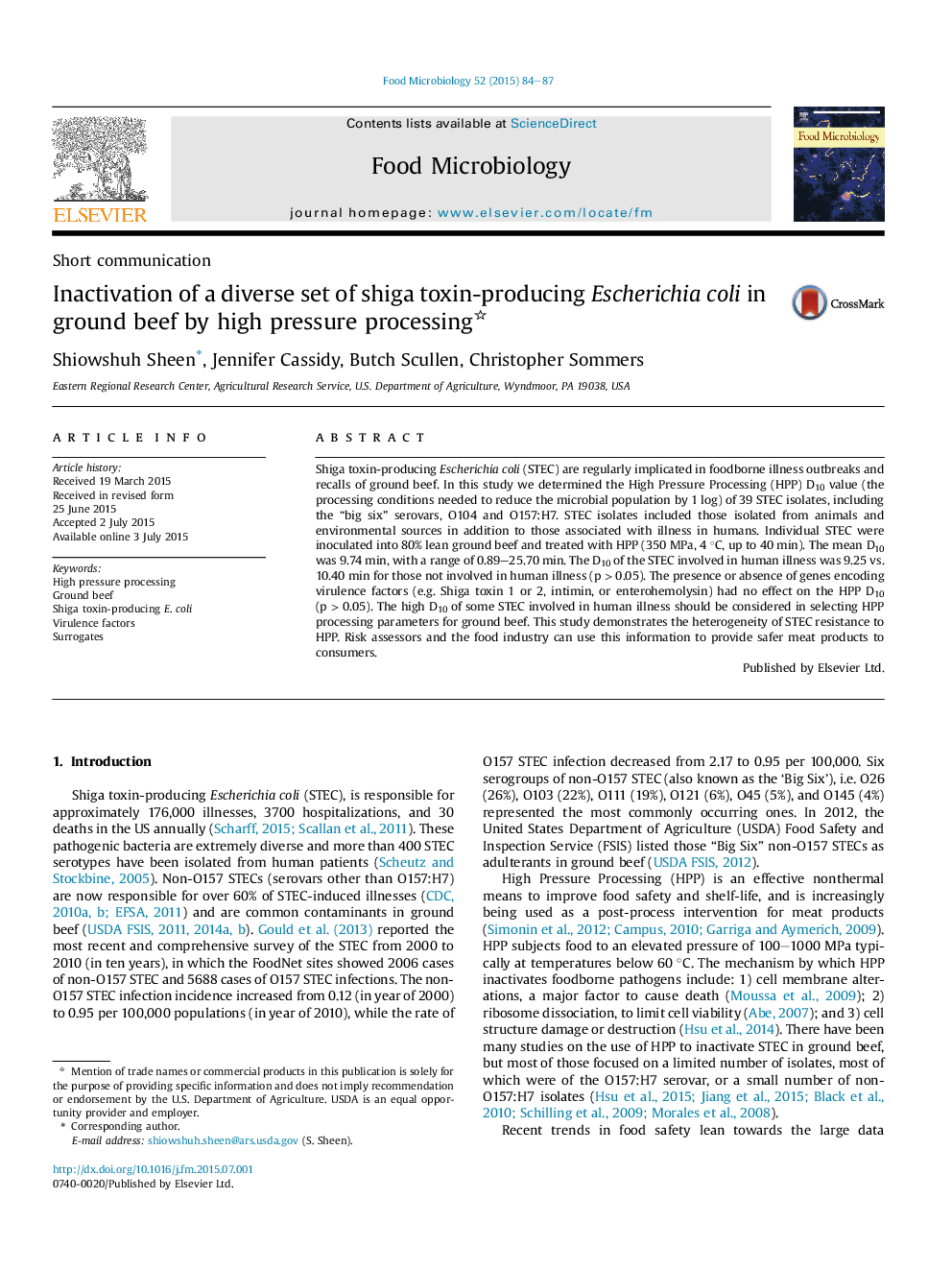 Inactivation of a diverse set of shiga toxin-producing Escherichia coli in ground beef by high pressure processing