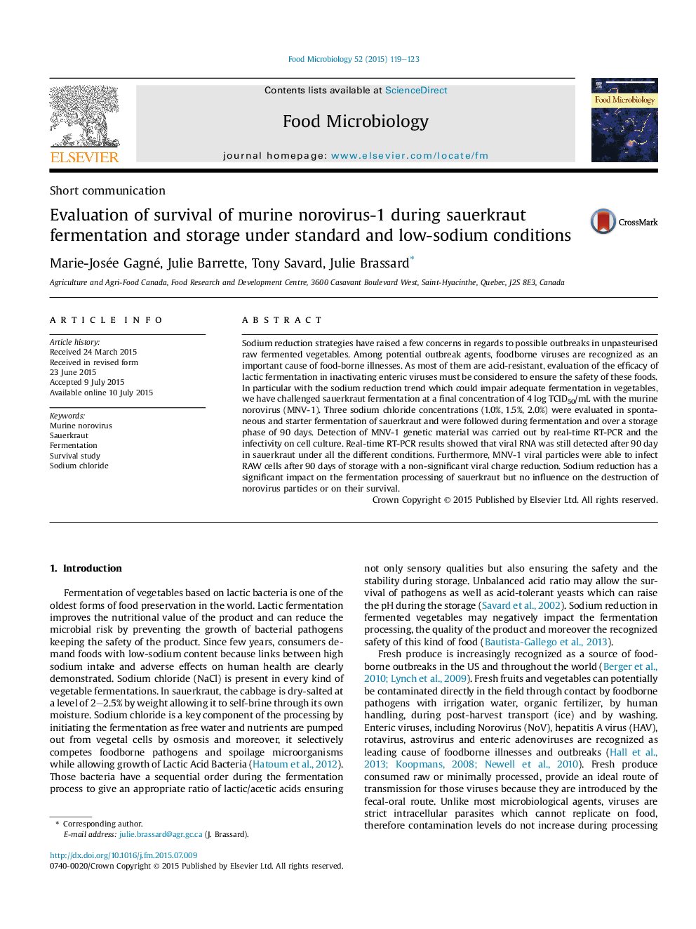 Evaluation of survival of murine norovirus-1 during sauerkraut fermentation and storage under standard and low-sodium conditions