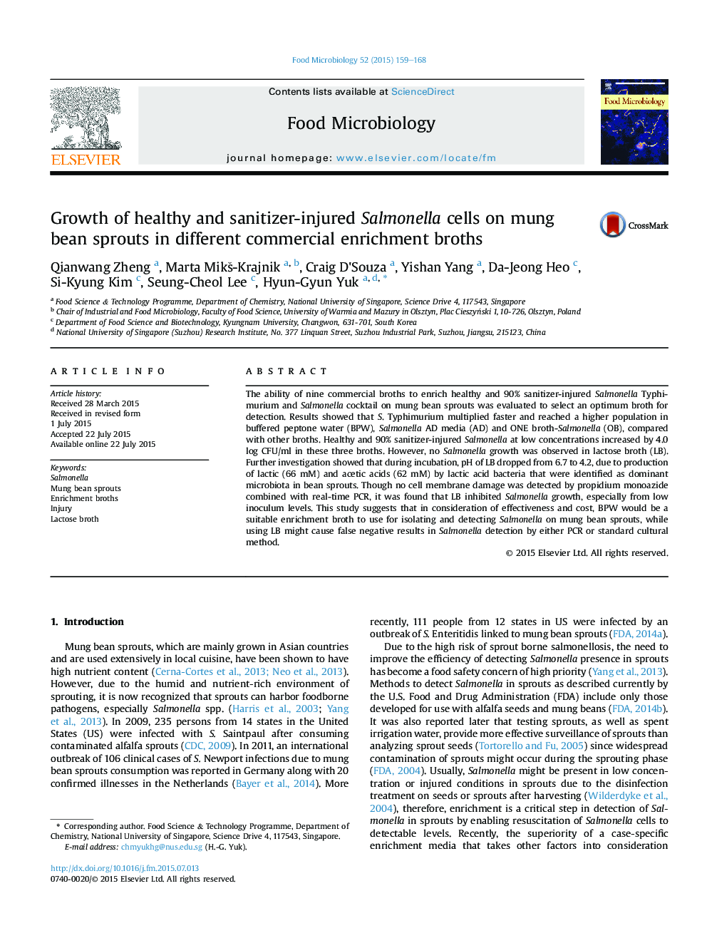 Growth of healthy and sanitizer-injured Salmonella cells on mung bean sprouts in different commercial enrichment broths