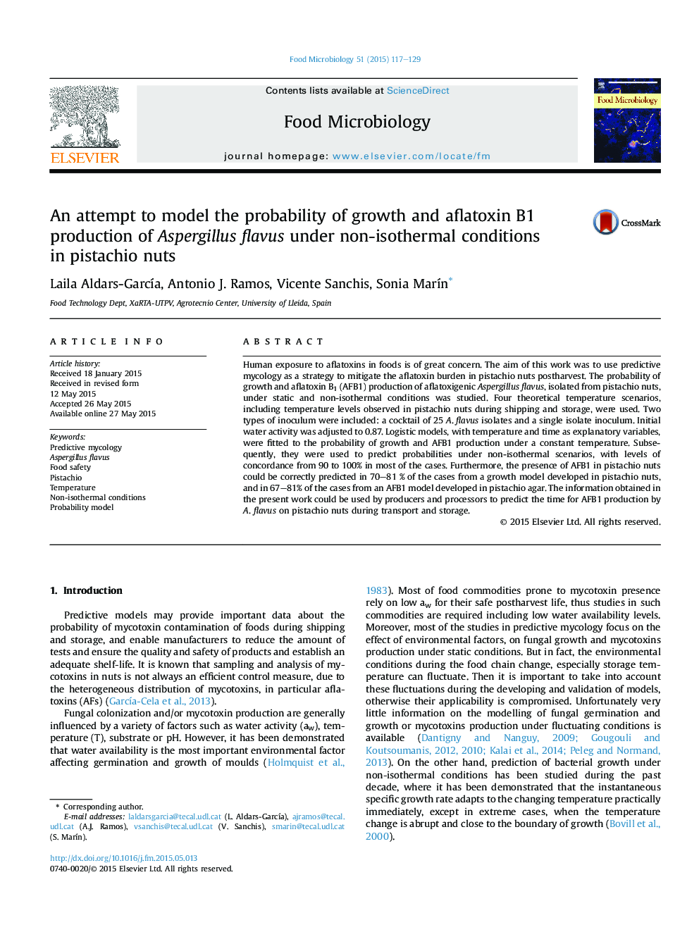 An attempt to model the probability of growth and aflatoxin B1 production of Aspergillus flavus under non-isothermal conditions inÂ pistachio nuts