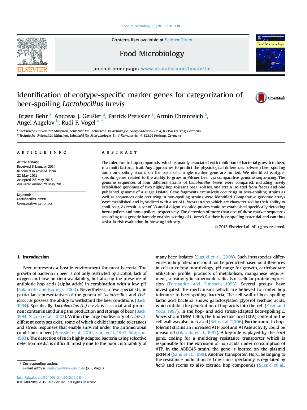 Identification of ecotype-specific marker genes for categorization of beer-spoiling Lactobacillus brevis