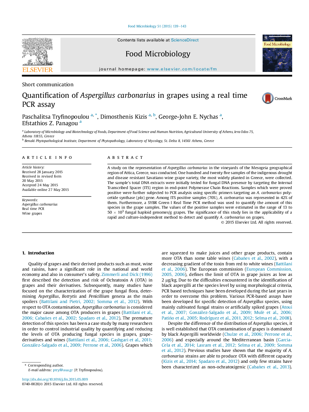 Quantification of Aspergillus carbonarius in grapes using a real time PCR assay