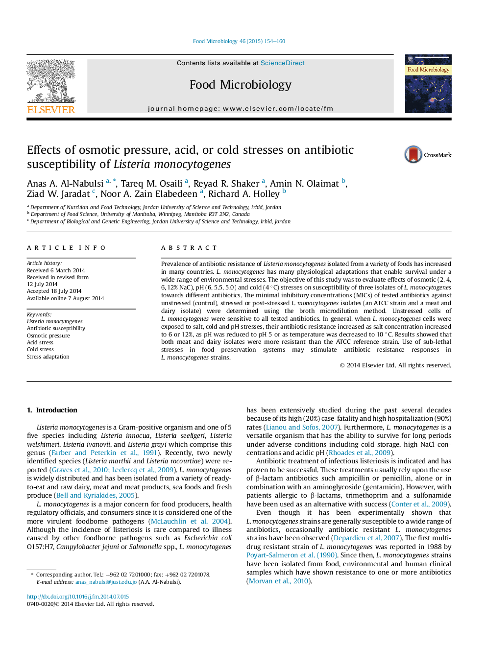 Effects of osmotic pressure, acid, or cold stresses on antibiotic susceptibility of Listeria monocytogenes