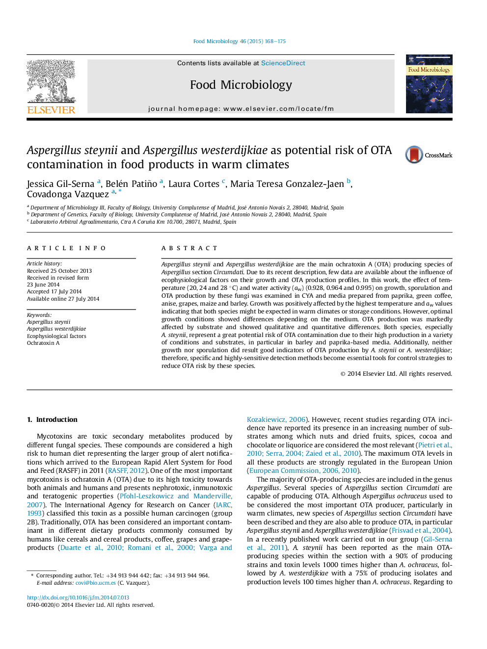 Aspergillus steynii and Aspergillus westerdijkiae as potential risk of OTA contamination in food products in warm climates