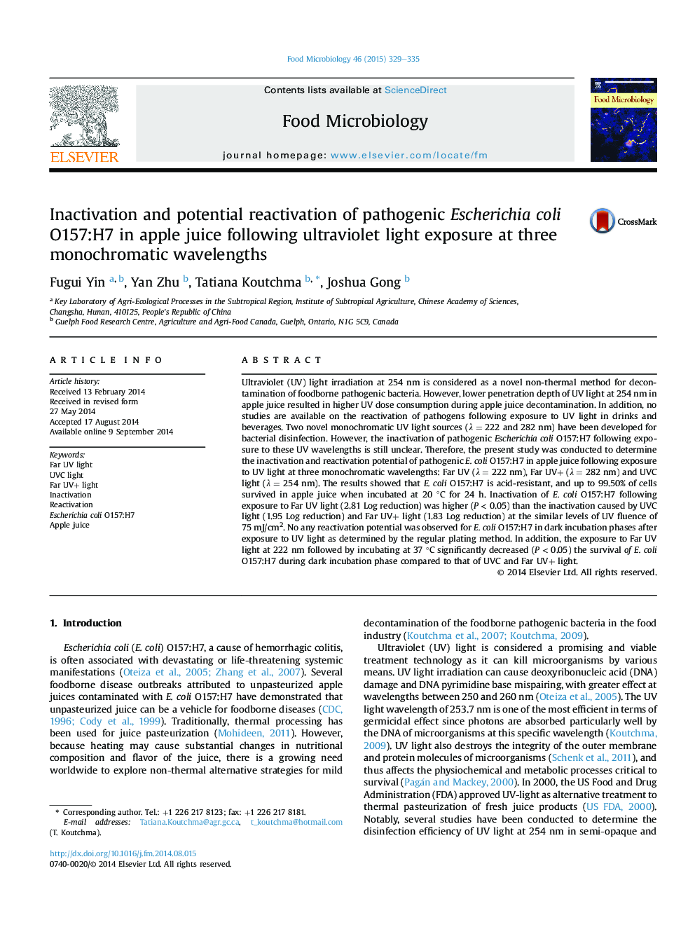 Inactivation and potential reactivation of pathogenic Escherichia coli O157:H7 in apple juice following ultraviolet light exposure at three monochromatic wavelengths