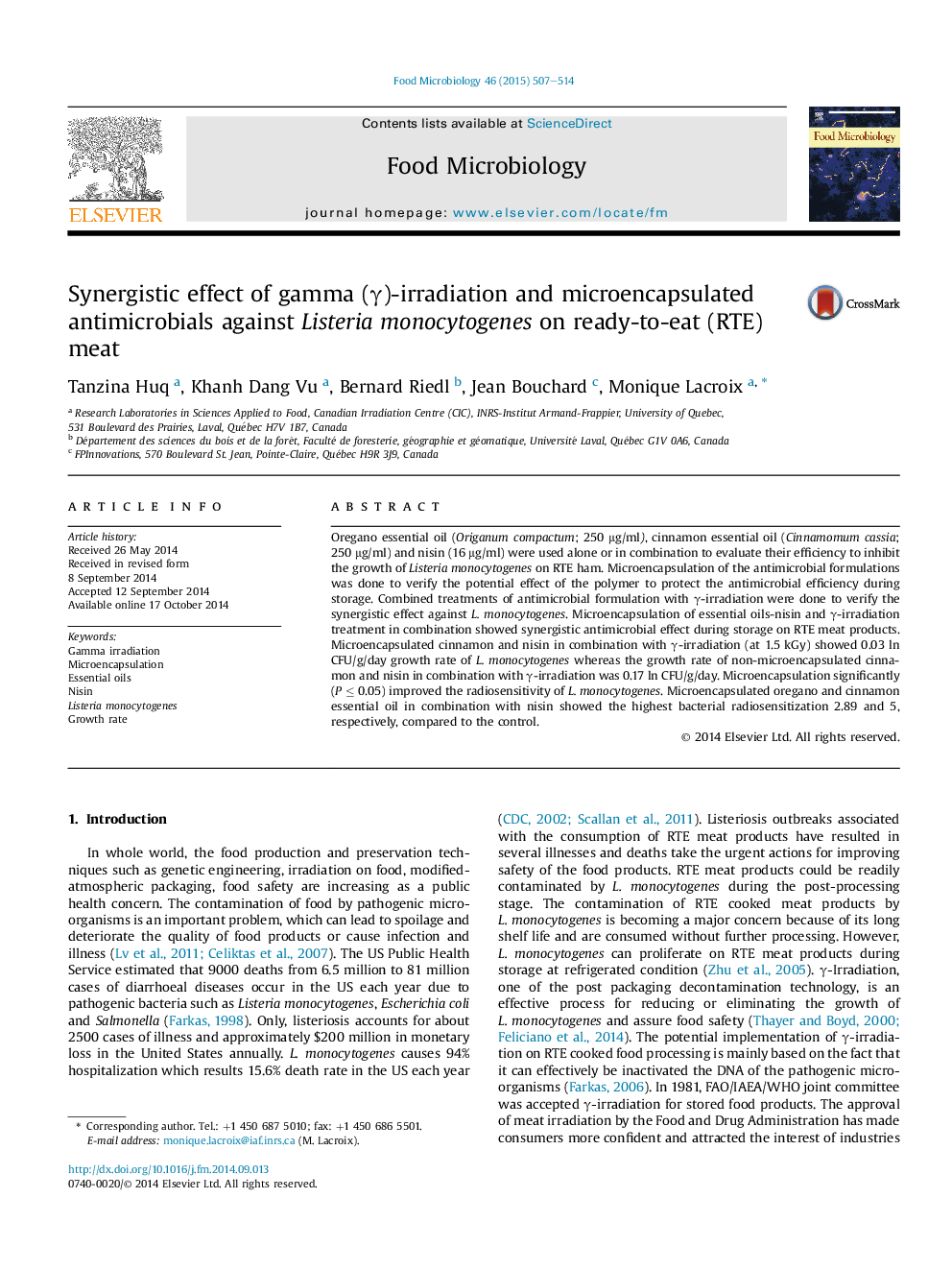 Synergistic effect of gamma (Î³)-irradiation and microencapsulated antimicrobials against Listeria monocytogenes on ready-to-eat (RTE) meat