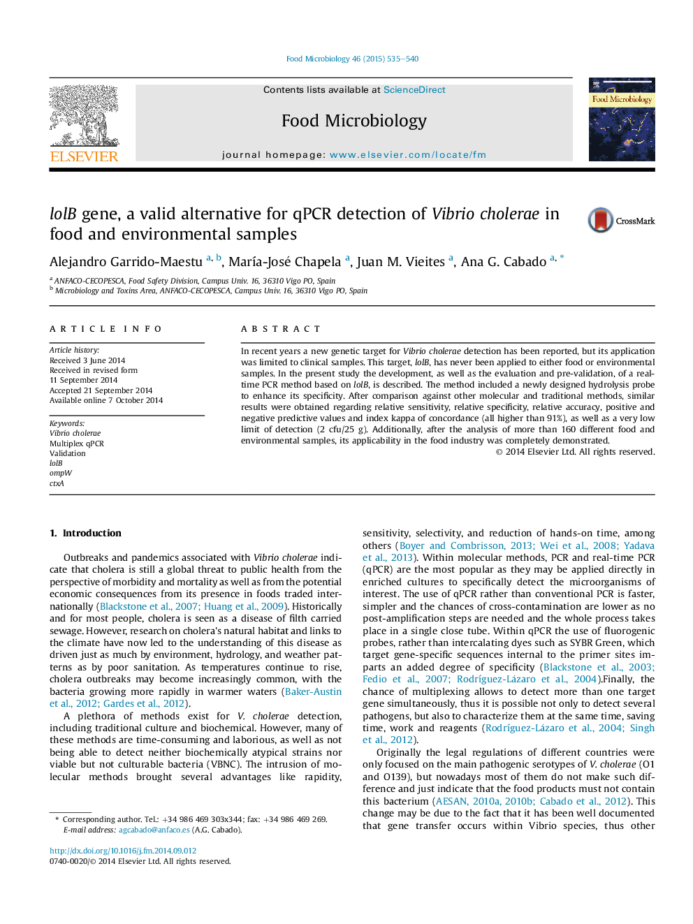 lolB gene, a valid alternative for qPCR detection of Vibrio cholerae in food and environmental samples