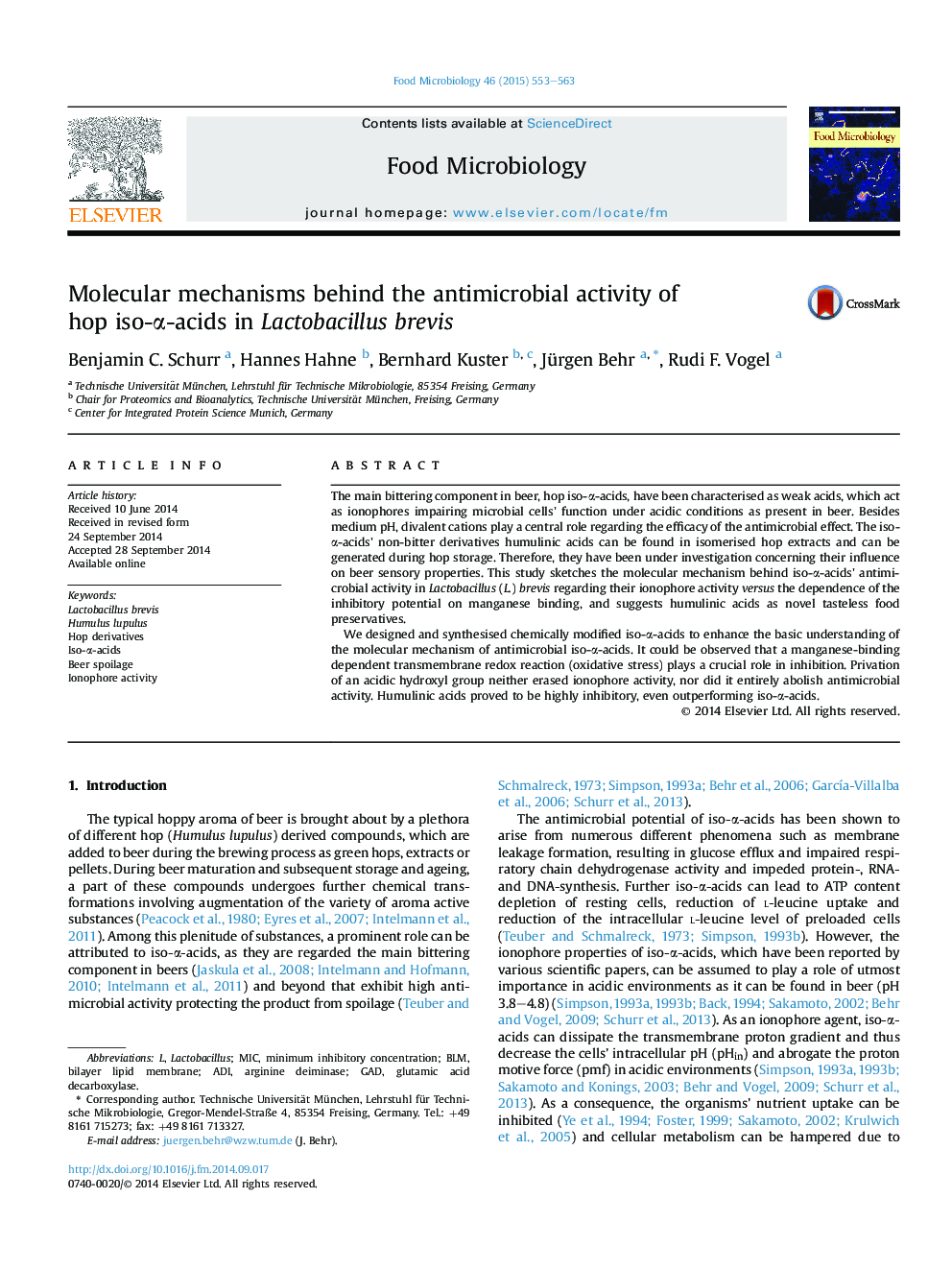 Molecular mechanisms behind the antimicrobial activity of hop iso-Î±-acids in Lactobacillus brevis