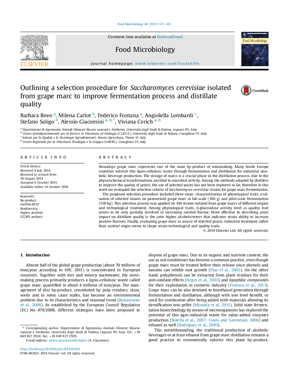 عکس صفحه اول مقاله: Outlining a selection procedure for Saccharomyces cerevisiae isolated from grape marc to improve fermentation process and distillate quality Outlining a selection procedure for Saccharomyces cerevisiae isolated from grape marc to improve fermentation process and distillate quality