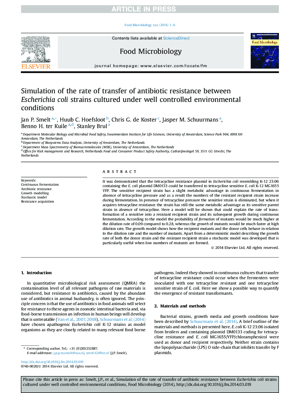 Simulation of the rate of transfer of antibiotic resistance between Escherichia coli strains cultured under well controlled environmental conditions