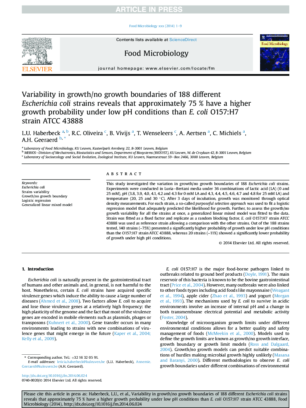 Variability in growth/no growth boundaries of 188 different Escherichia coli strains reveals that approximately 75 % have a higher growth probability under low pH conditions than E.Â coli O157:H7 strain ATCC 43888