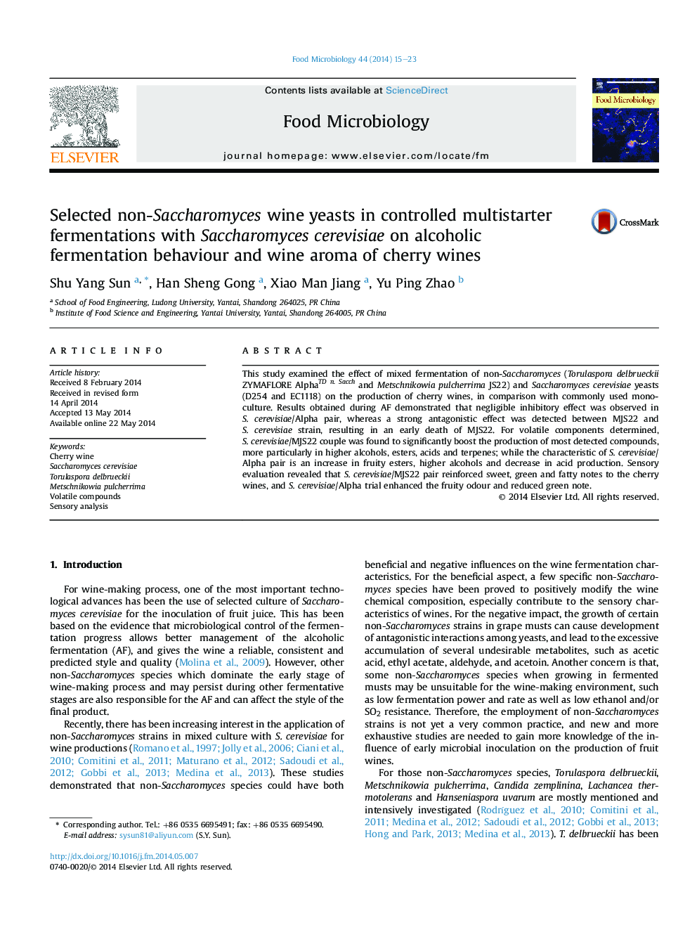 Selected non-Saccharomyces wine yeasts in controlled multistarter fermentations with Saccharomyces cerevisiae on alcoholic fermentation behaviour and wine aroma of cherry wines