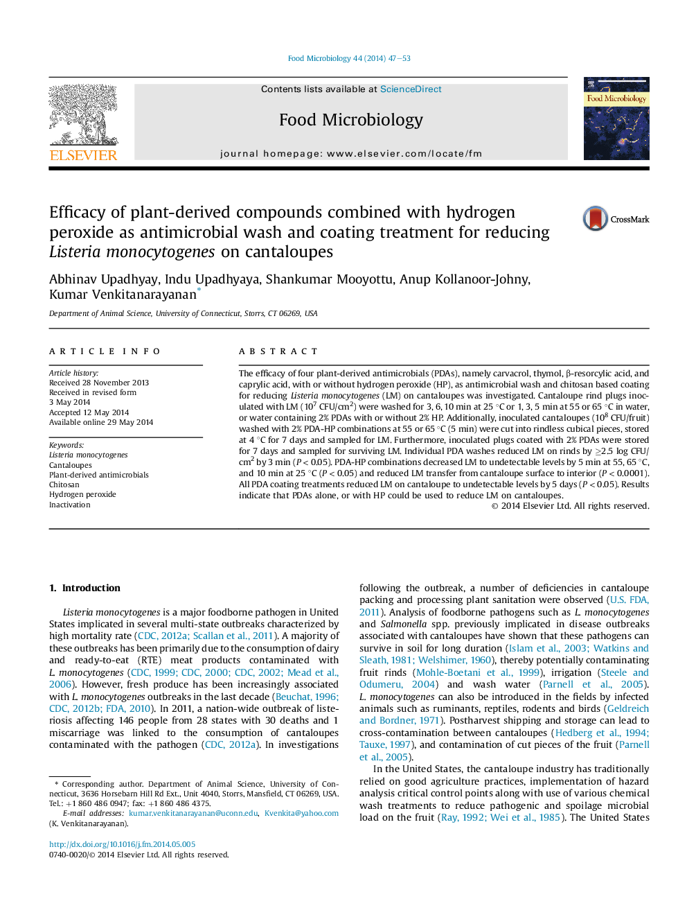 Efficacy of plant-derived compounds combined with hydrogen peroxide as antimicrobial wash and coating treatment for reducing Listeria monocytogenes on cantaloupes