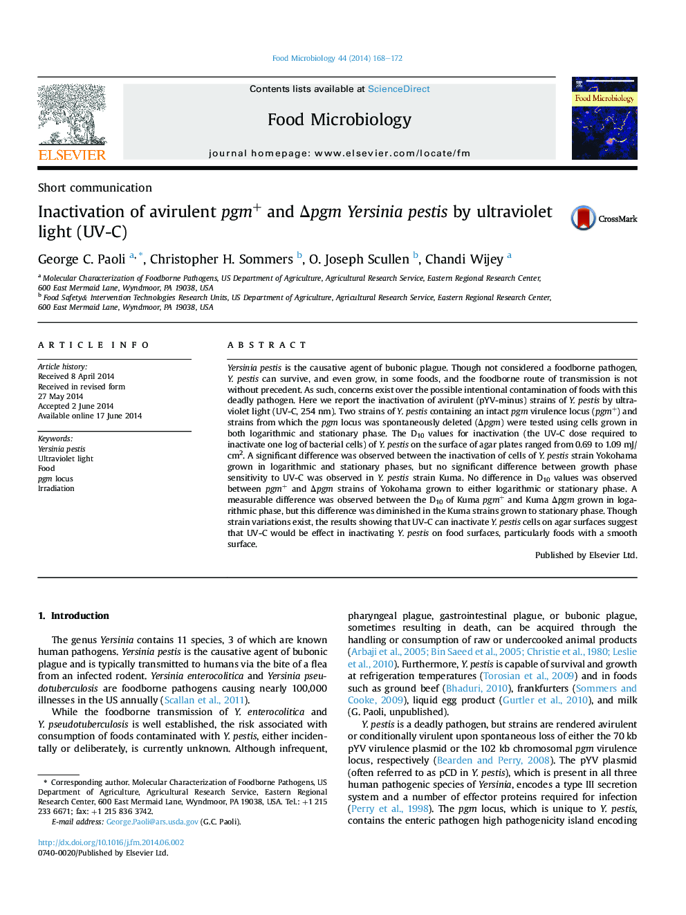 Inactivation of avirulent pgm+ and Îpgm Yersinia pestis by ultraviolet light (UV-C)