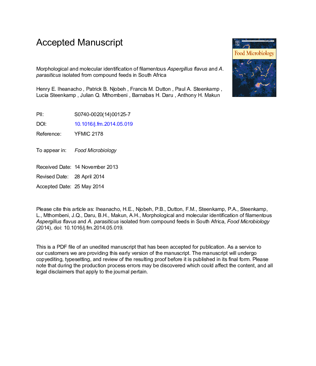 Morphological and molecular identification of filamentous Aspergillus flavus and Aspergillus parasiticus isolated from compound feeds in South Africa