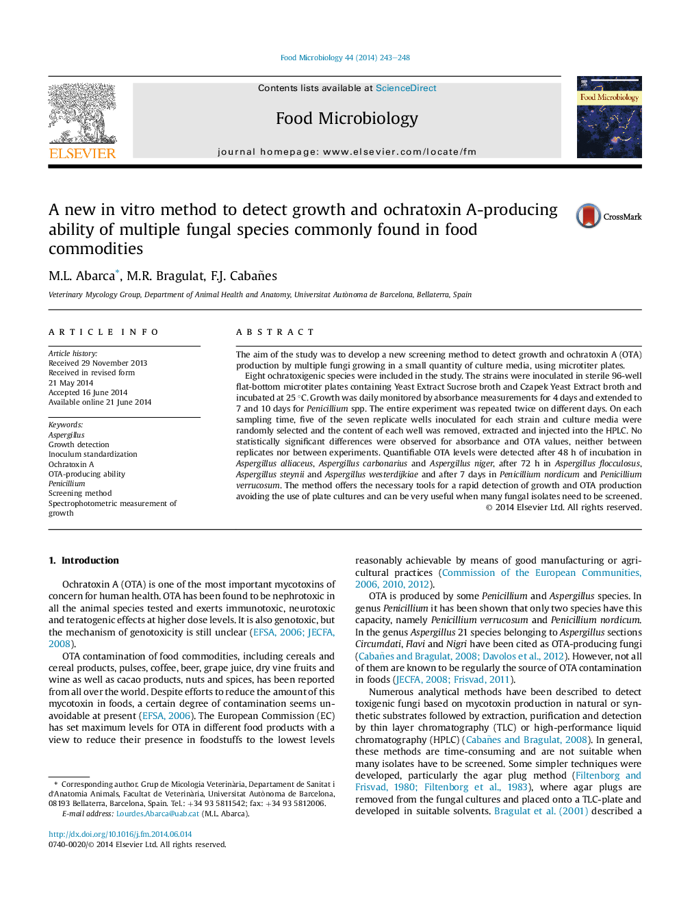 A new inÂ vitro method to detect growth and ochratoxin A-producing ability of multiple fungal species commonly found in food commodities