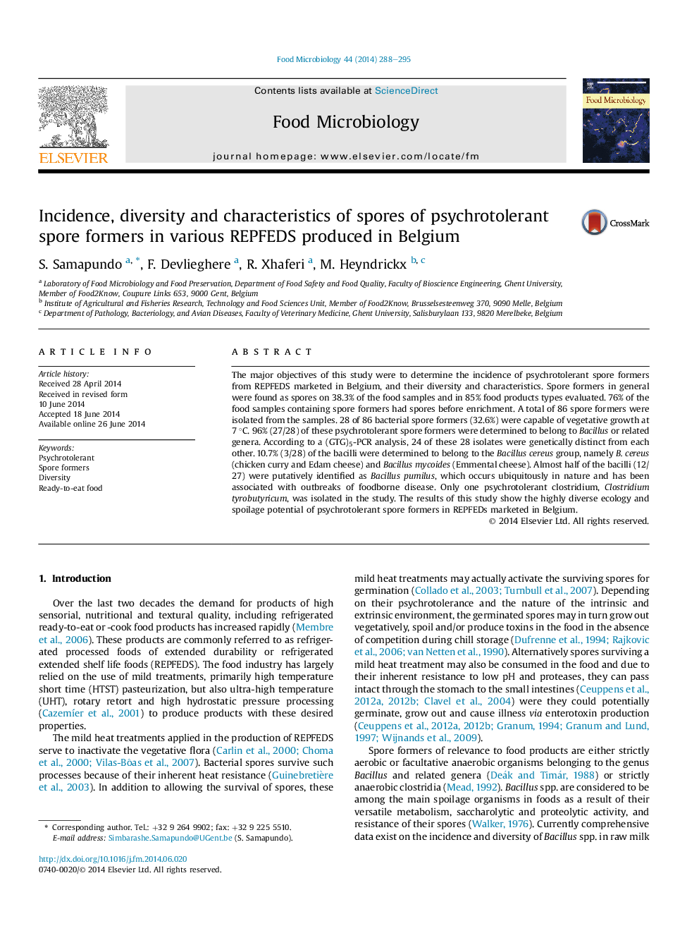 Incidence, diversity and characteristics of spores of psychrotolerant spore formers in various REPFEDS produced in Belgium