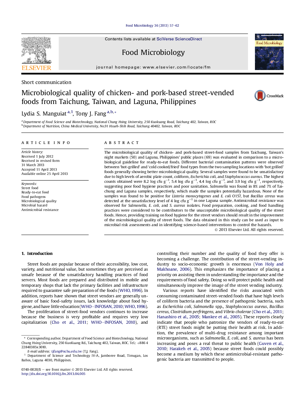 Microbiological quality of chicken- and pork-based street-vended foods from Taichung, Taiwan, and Laguna, Philippines