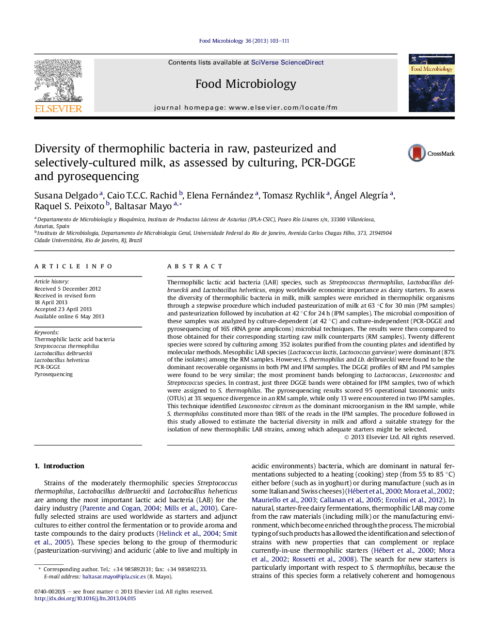 Diversity of thermophilic bacteria in raw, pasteurized and selectively-cultured milk, as assessed by culturing, PCR-DGGE and pyrosequencing