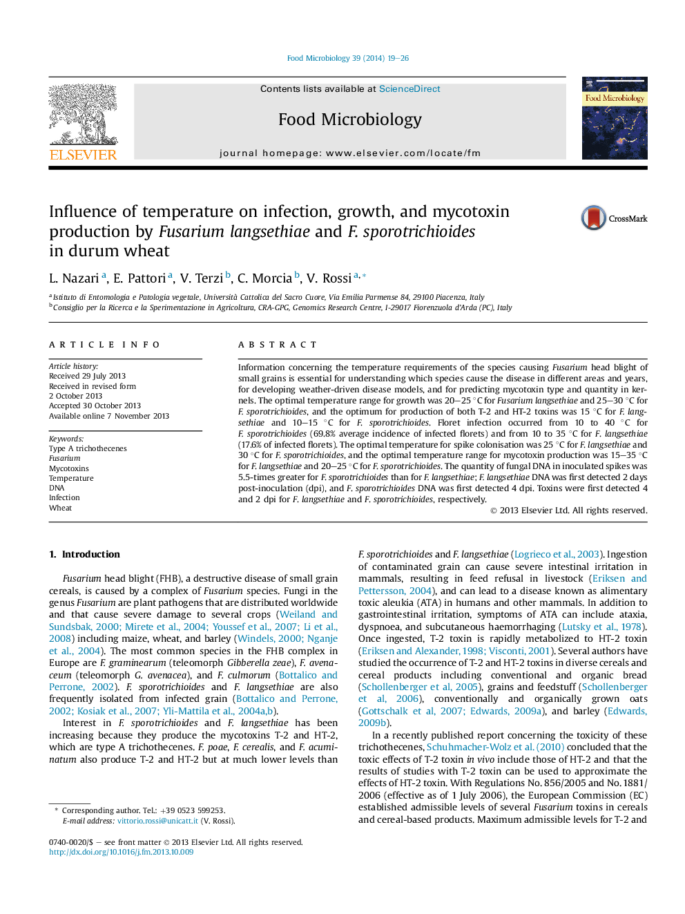 Influence of temperature on infection, growth, and mycotoxin production by Fusarium langsethiae and F. sporotrichioides in durum wheat