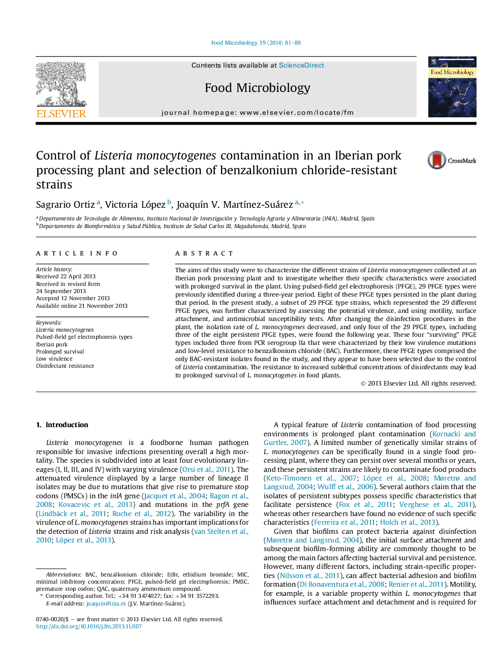 عکس صفحه اول مقاله: Control of Listeria monocytogenes contamination in an Iberian pork processing plant and selection of benzalkonium chloride-resistant strains Control of Listeria monocytogenes contamination in an Iberian pork processing plant and selection of benzalkonium chloride-resistant strains