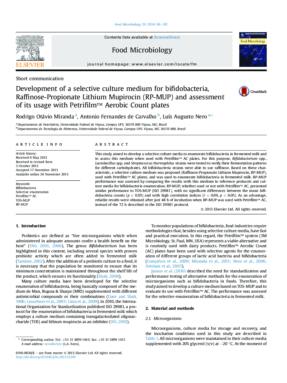 Development of a selective culture medium for bifidobacteria, Raffinose-Propionate Lithium Mupirocin (RP-MUP) and assessment of its usage with Petrifilmâ¢ Aerobic Count plates