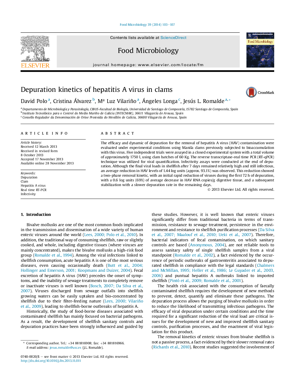 Depuration kinetics of hepatitis A virus in clams