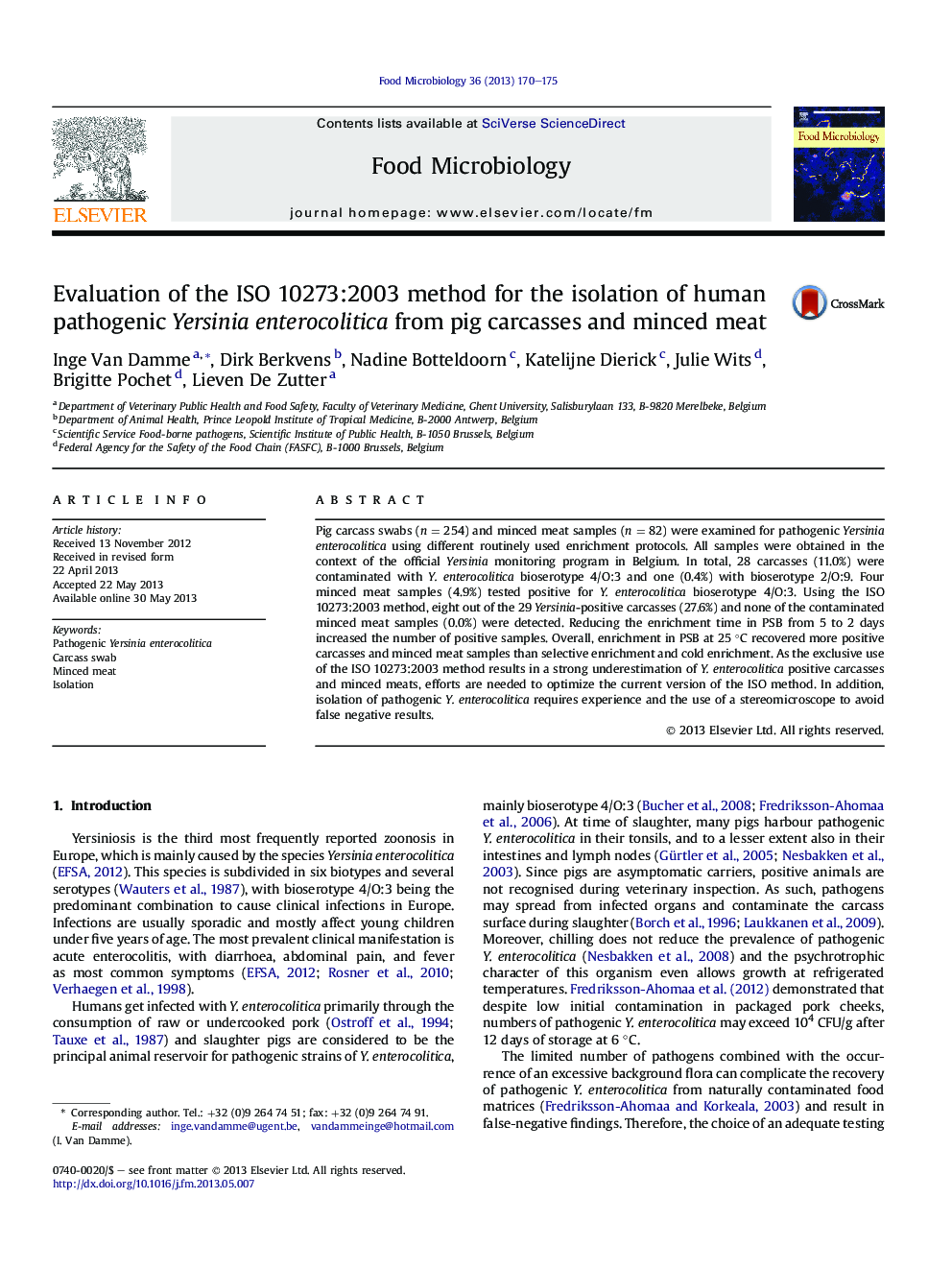 Evaluation of the ISO 10273:2003 method for the isolation of human pathogenic Yersinia enterocolitica from pig carcasses and minced meat