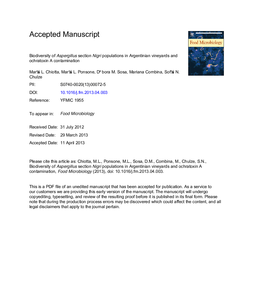 Biodiversity of Aspergillus section Nigri populations in Argentinian vineyards and ochratoxin A contamination