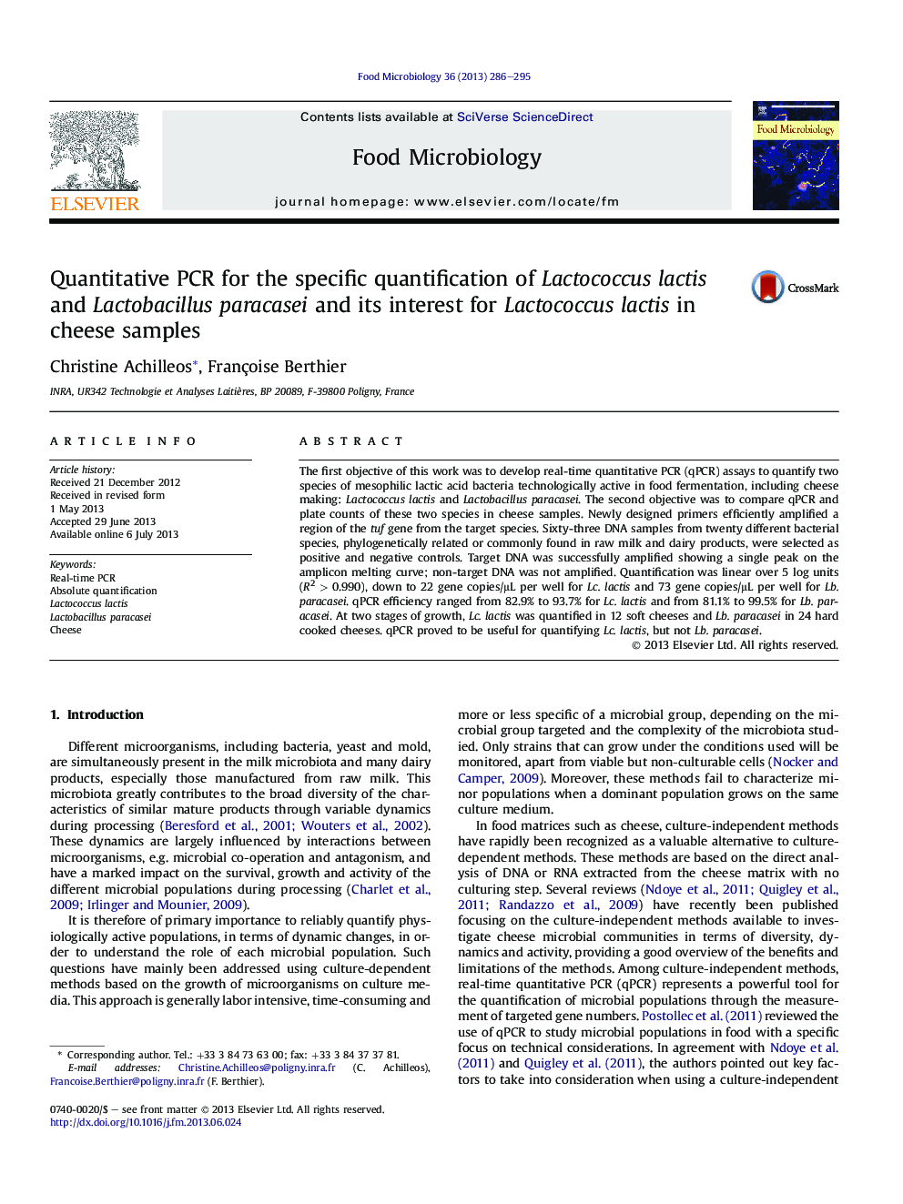 Quantitative PCR for the specific quantification of Lactococcus lactis and Lactobacillus paracasei and its interest for Lactococcus lactis in cheese samples