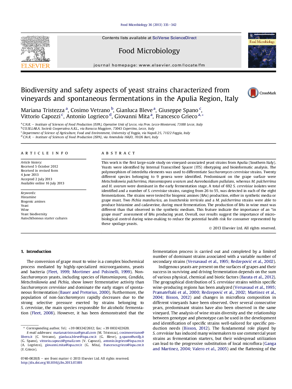 Biodiversity and safety aspects of yeast strains characterized from vineyards and spontaneous fermentations in the Apulia Region, Italy