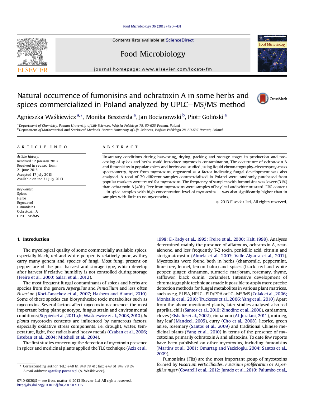 Natural occurrence of fumonisins and ochratoxin A in some herbs and spices commercialized in Poland analyzed by UPLC-MS/MS method