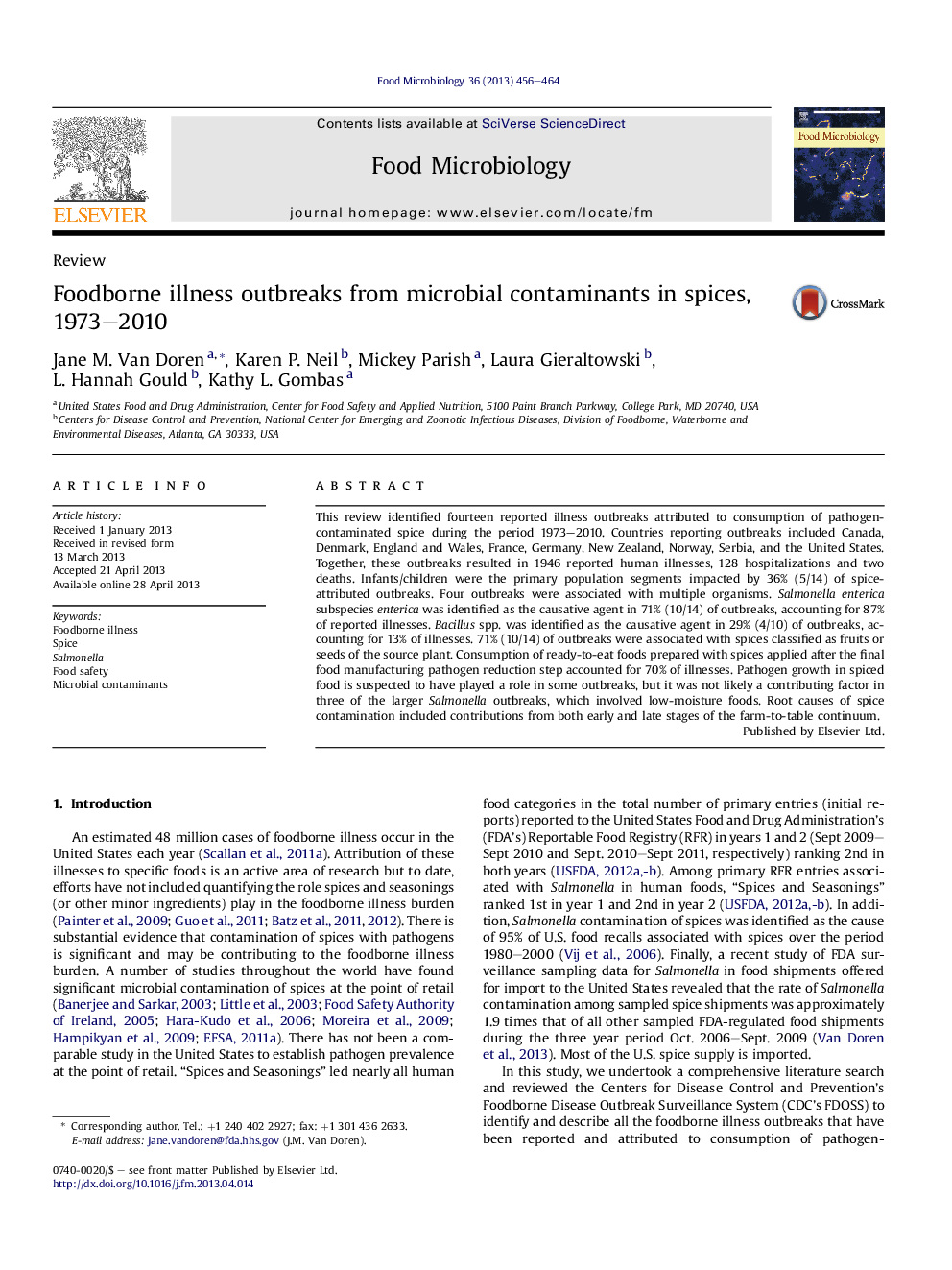 ReviewFoodborne illness outbreaks from microbial contaminants in spices, 1973-2010