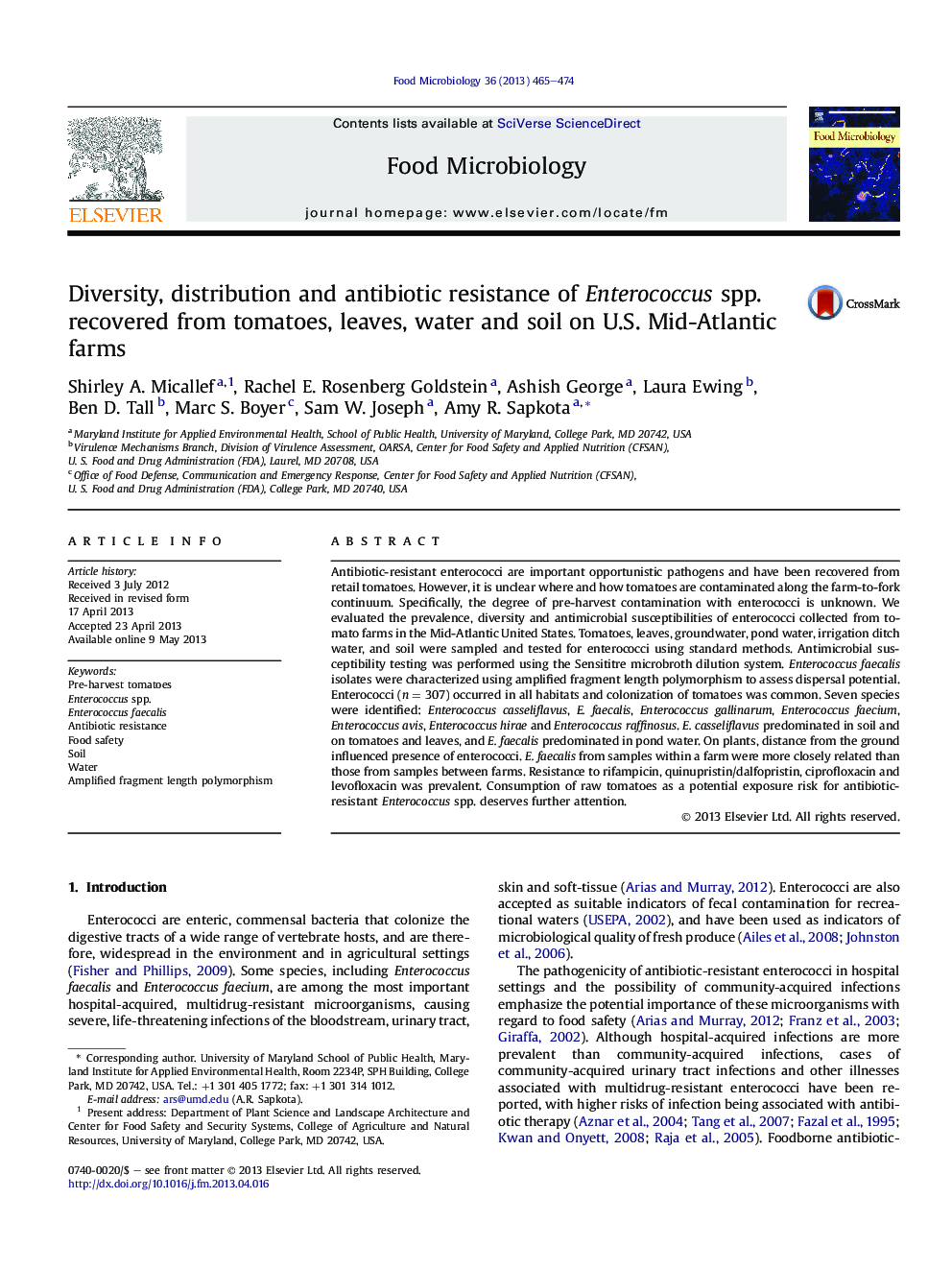 Diversity, distribution and antibiotic resistance of Enterococcus spp. recovered from tomatoes, leaves, water and soil on U.S. Mid-Atlantic farms