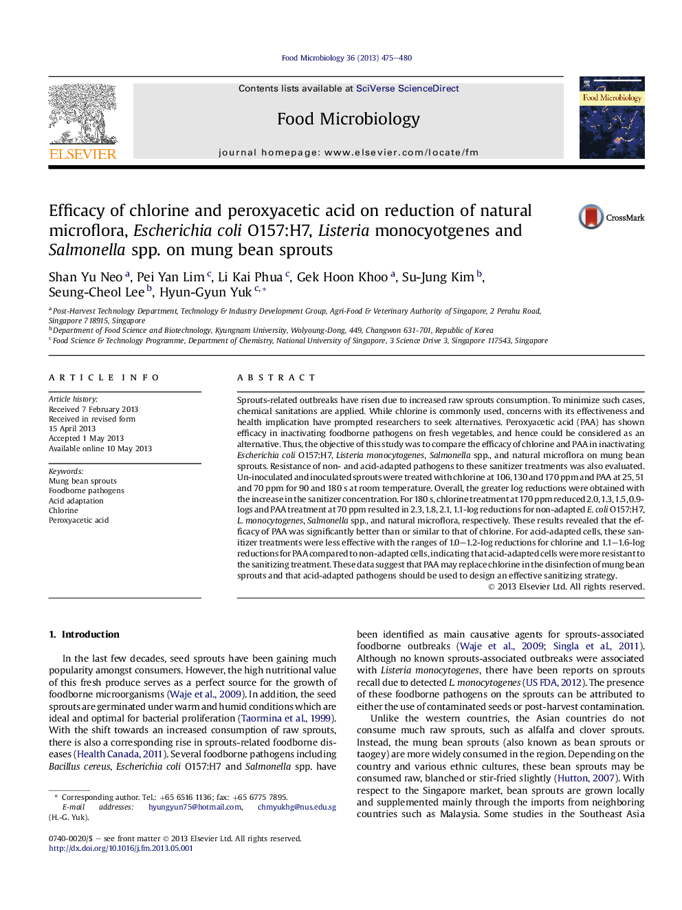 Efficacy of chlorine and peroxyacetic acid on reduction of natural microflora, Escherichia coli O157:H7, Listeria monocyotgenes and Salmonella spp. on mung bean sprouts