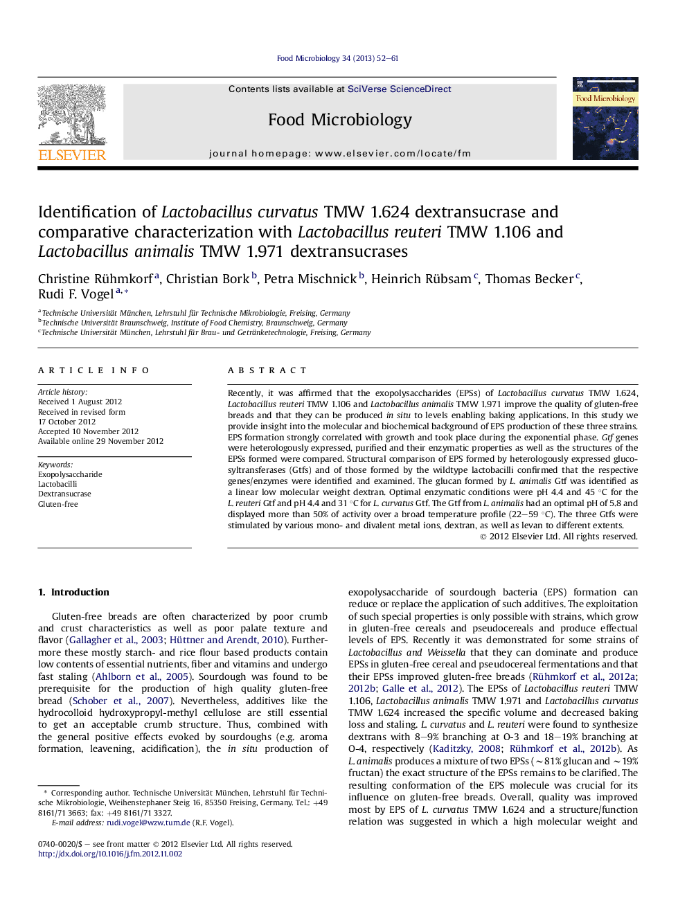 Identification of Lactobacillus curvatus TMW 1.624 dextransucrase and comparative characterization with Lactobacillus reuteri TMW 1.106 and Lactobacillus animalis TMW 1.971 dextransucrases