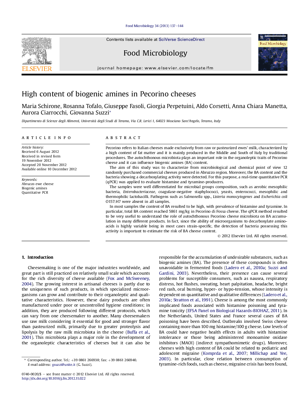 High content of biogenic amines in Pecorino cheeses