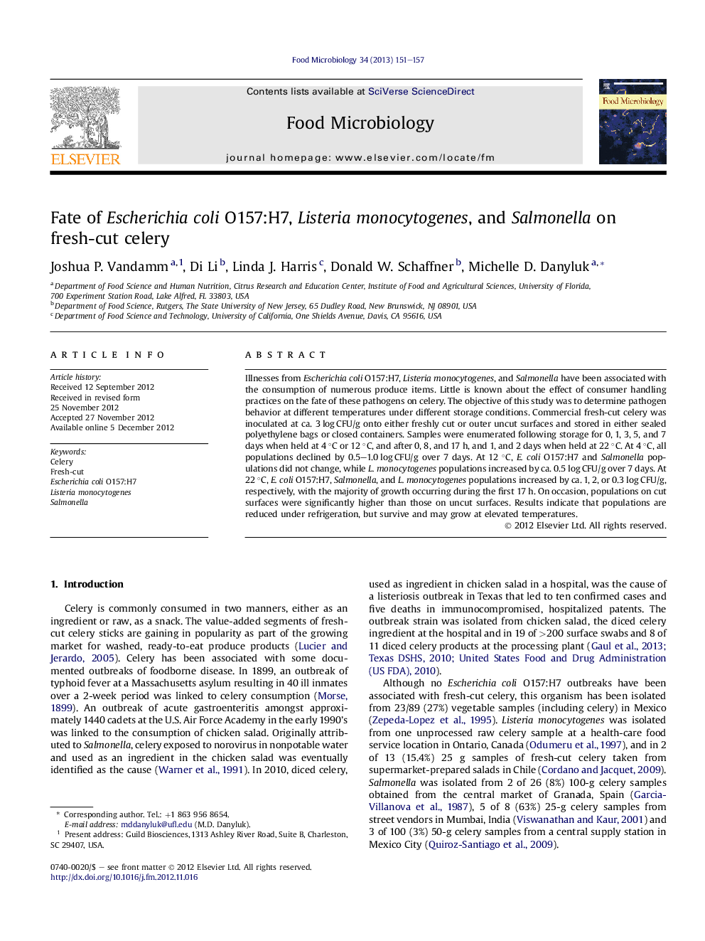 Fate of Escherichia coli O157:H7, Listeria monocytogenes, and Salmonella on fresh-cut celery