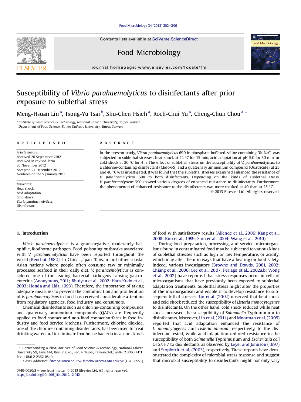 Susceptibility of Vibrio parahaemolyticus to disinfectants after prior exposure to sublethal stress