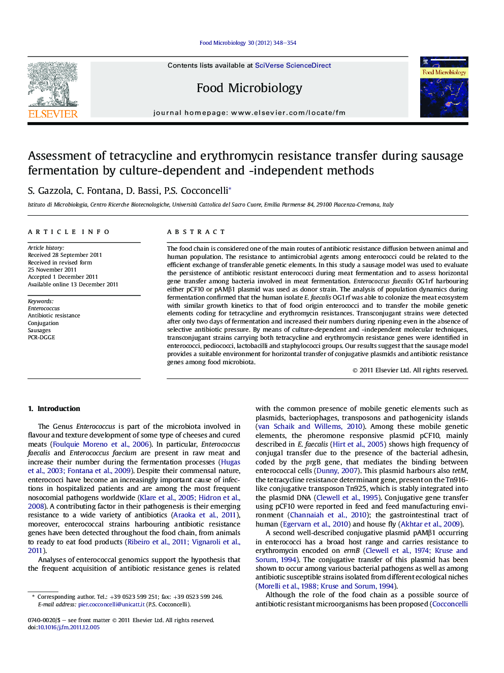 Assessment of tetracycline and erythromycin resistance transfer during sausage fermentation by culture-dependent and -independent methods