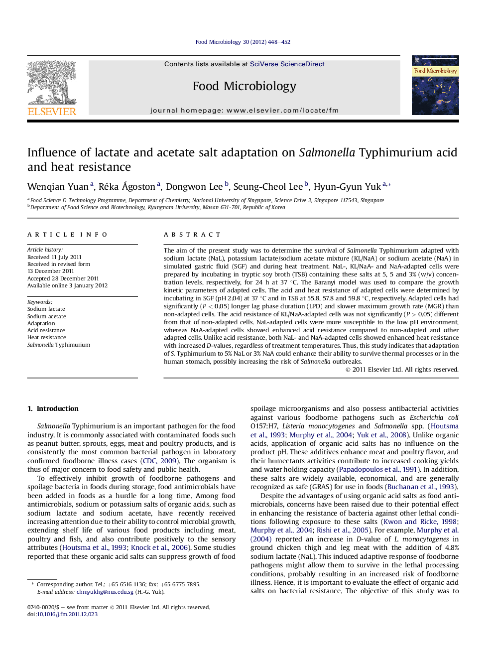 Influence of lactate and acetate salt adaptation on Salmonella Typhimurium acid and heat resistance