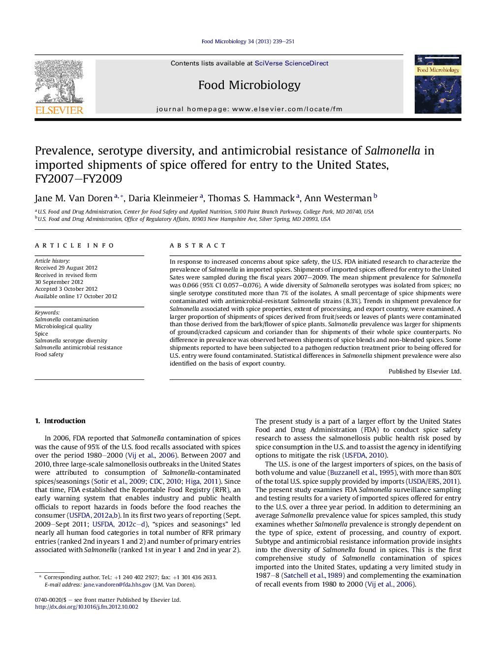 Prevalence, serotype diversity, and antimicrobial resistance of Salmonella in imported shipments of spice offered for entry to the United States, FY2007-FY2009