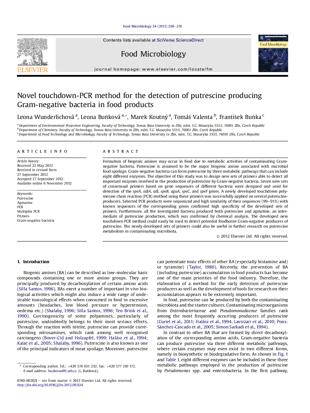 Novel touchdown-PCR method for the detection of putrescine producing Gram-negative bacteria in food products