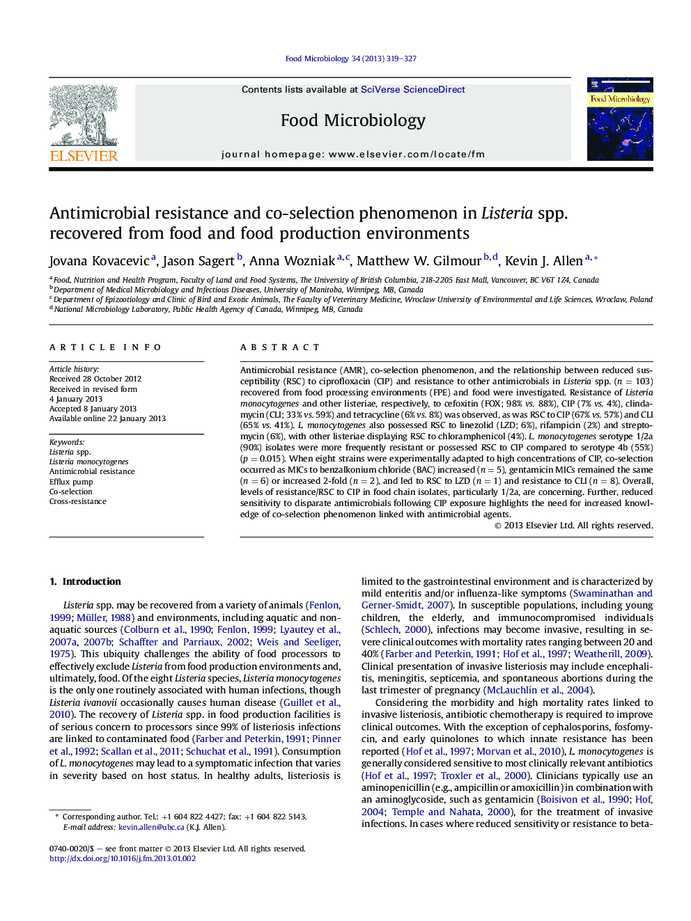 Antimicrobial resistance and co-selection phenomenon in Listeria spp. recovered from food and food production environments